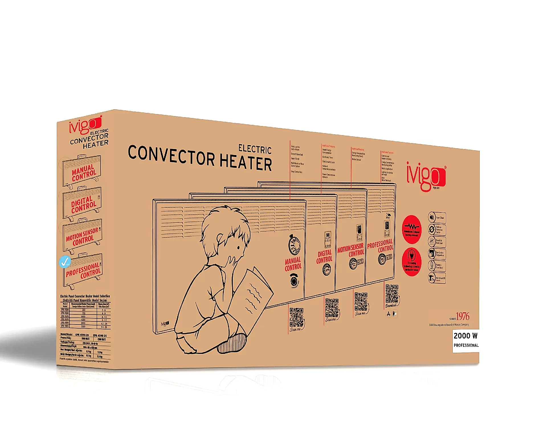 İVİGO EPK 2000 Watt Profesyonel Wi-Fi Konvektör Isıtıcı Beyaz Ayak + Askılı